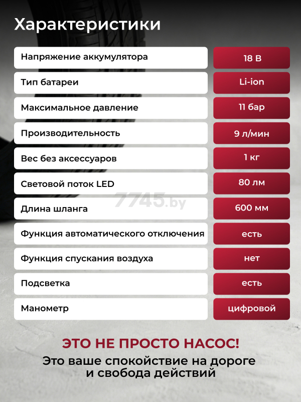 Компрессор автомобильный аккумуляторный WORTEX CTI 1811 ALL1 SOLO (1325445) - Фото 4