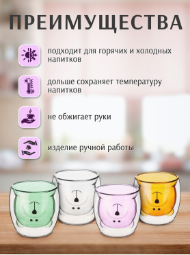 Стакан стеклянный PERFECTO LINEA Bear с двойными стенками 250 мл розовый 