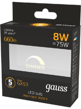 Лампа светодиодная диммируемая GX53 GAUSS 8 Вт 3000K 